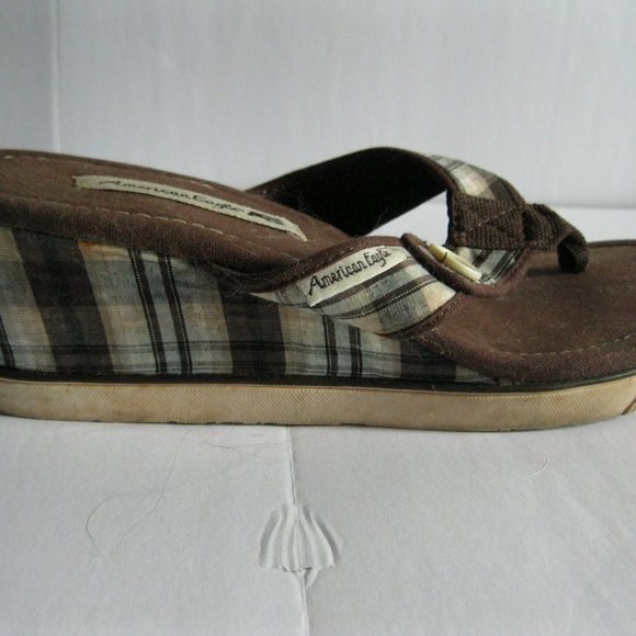 American Eagle Brown Plaid Button Wedge Sandals - Picture 5 of 9